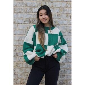 Jen & Co Women Green Cream Checkerboard Oversized Knit Sweater Pullover L/XL NWT